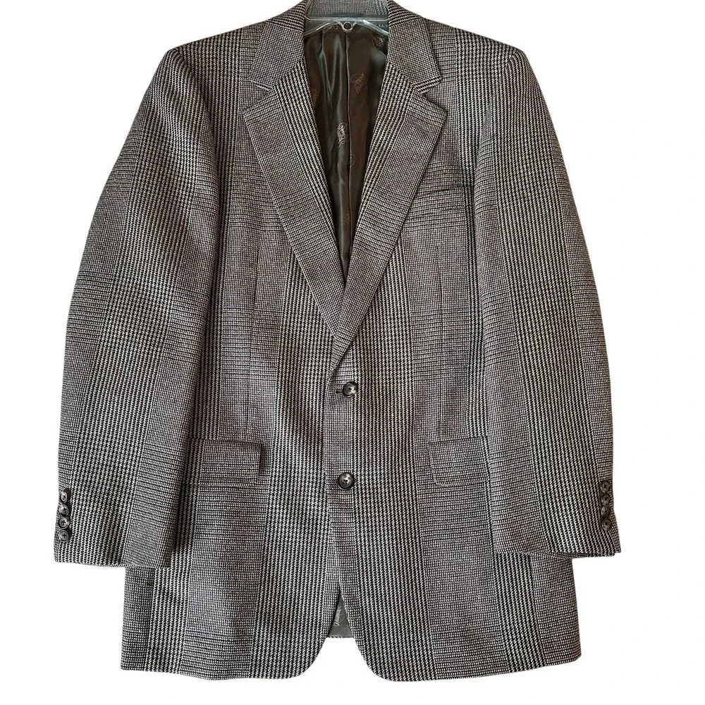 VTG Marvin Brown Dallas Canterbury Wool Silk Blazer Jacket 41L Brown Houndstooth